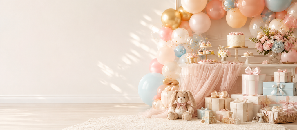 Pastel party and baby celebration setup with balloons and gifts