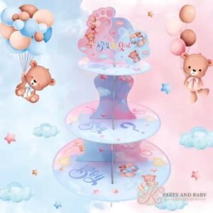 Cake Stand – Boy or Girl (with logo) Boy or Girl baby shower three-tier cake stand with teddy bears and balloons