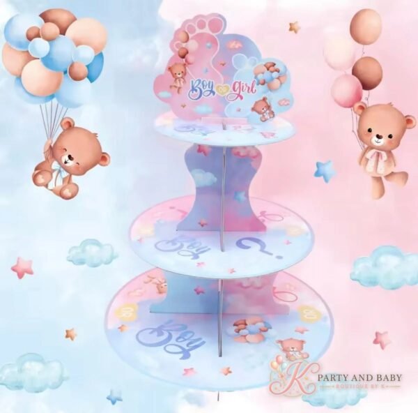 Boy or Girl baby shower three-tier cake stand with teddy bears and balloons