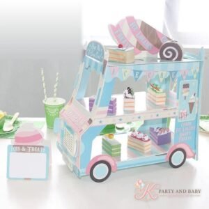 Cake Stand – Bus (with logo) Blue and pink bus shaped two-tier cake stand