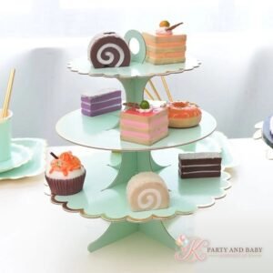 Cake Stand – Mint Green (with logo) Mint green three-tier cake stand with gold scalloped edges