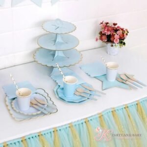 Cake Stand – Powder Blue (with logo) Powder blue three-tier cake stand with gold scalloped edges