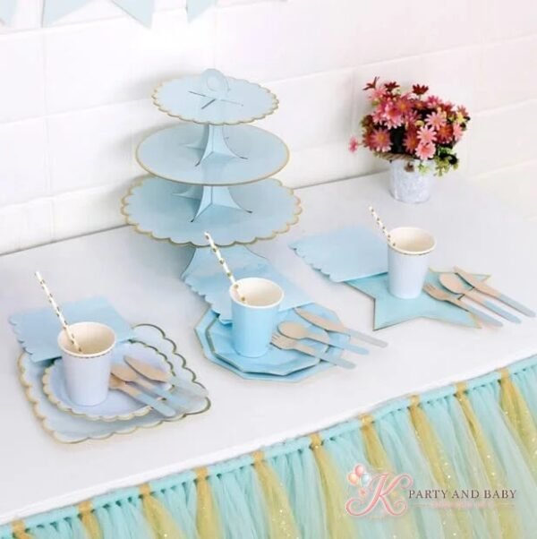 Powder blue three-tier cake stand with gold scalloped edges