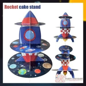 Cake Stand – Rocket (with logo) Rocket shaped three-tier cake stand with planets and stars