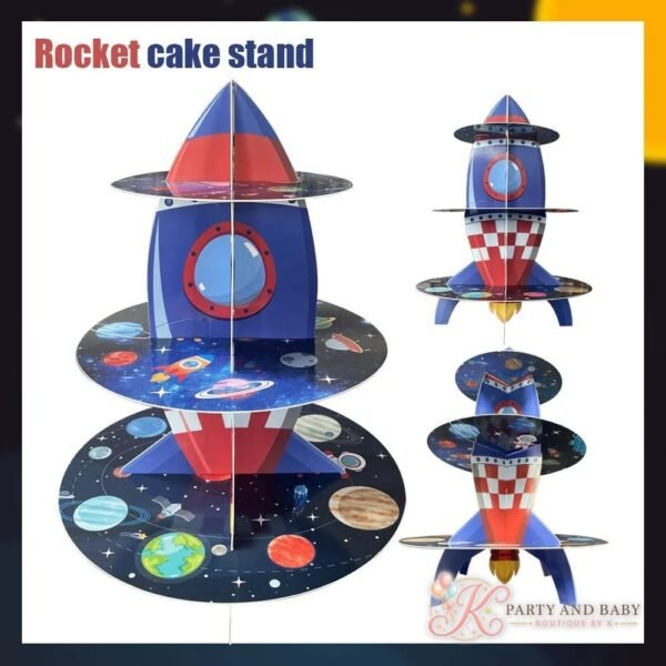 Rocket shaped three-tier cake stand with planets and stars