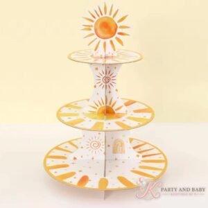 Cake Stand – Sunshine (with logo) Sunshine themed three-tier cake stand with sun, rainbow and stars