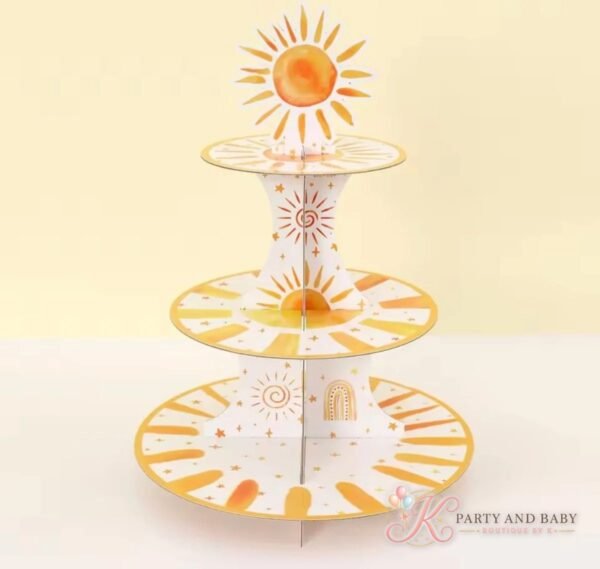 Sunshine themed three-tier cake stand with sun, rainbow and stars