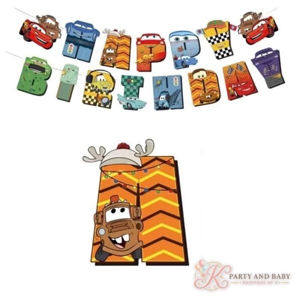 Cars themed HAPPY BIRTHDAY banner with a character topper