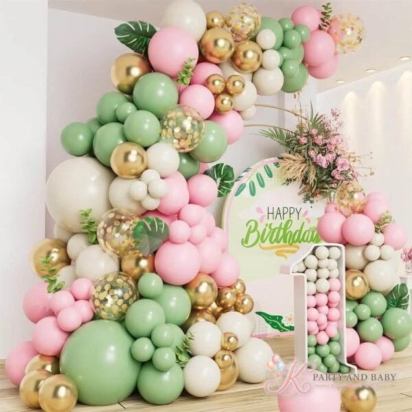 First Birthday – Pink Green Gold Balloon Garland Set (with logo) Balloon garland in pink, sage green, cream and gold with a number 1