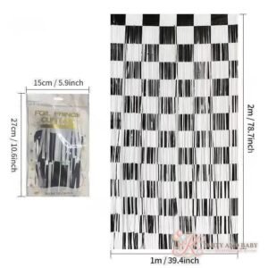 Black and white checkered foil fringe curtain