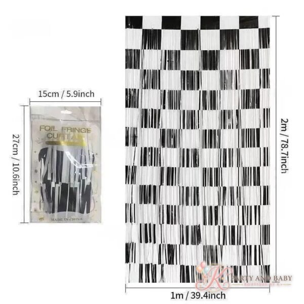 Foil Curtain – Black and White Checkered (with logo) Black and white checkered foil fringe curtain