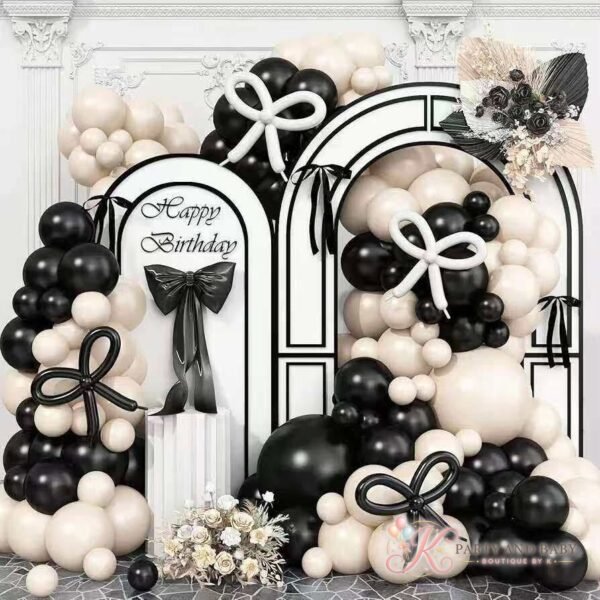 Balloon Garland - Black and Cream Bows (with logo) Balloon Garland - Black and Cream Bows