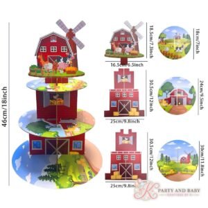 Cake Stand - Barn (with logo) Three-tier red barn farm cake stand with a windmill and farm animals