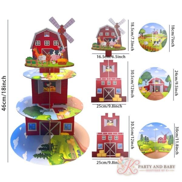 Three-tier red barn farm cake stand with a windmill and farm animals