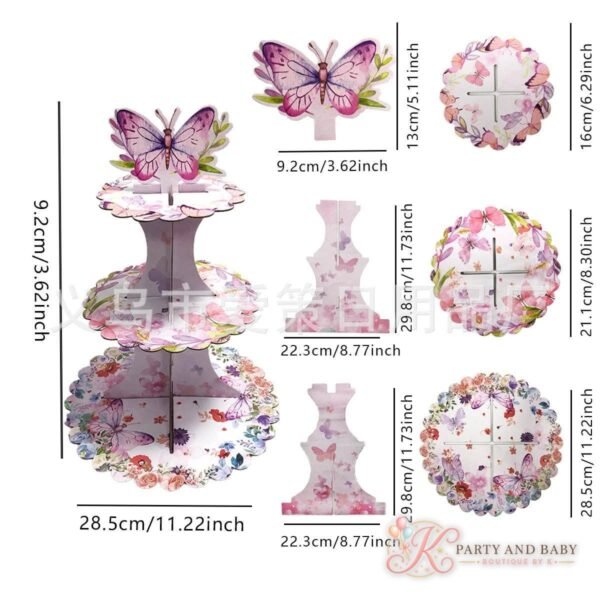Three-tier butterfly cake stand with floral plates and a size diagram
