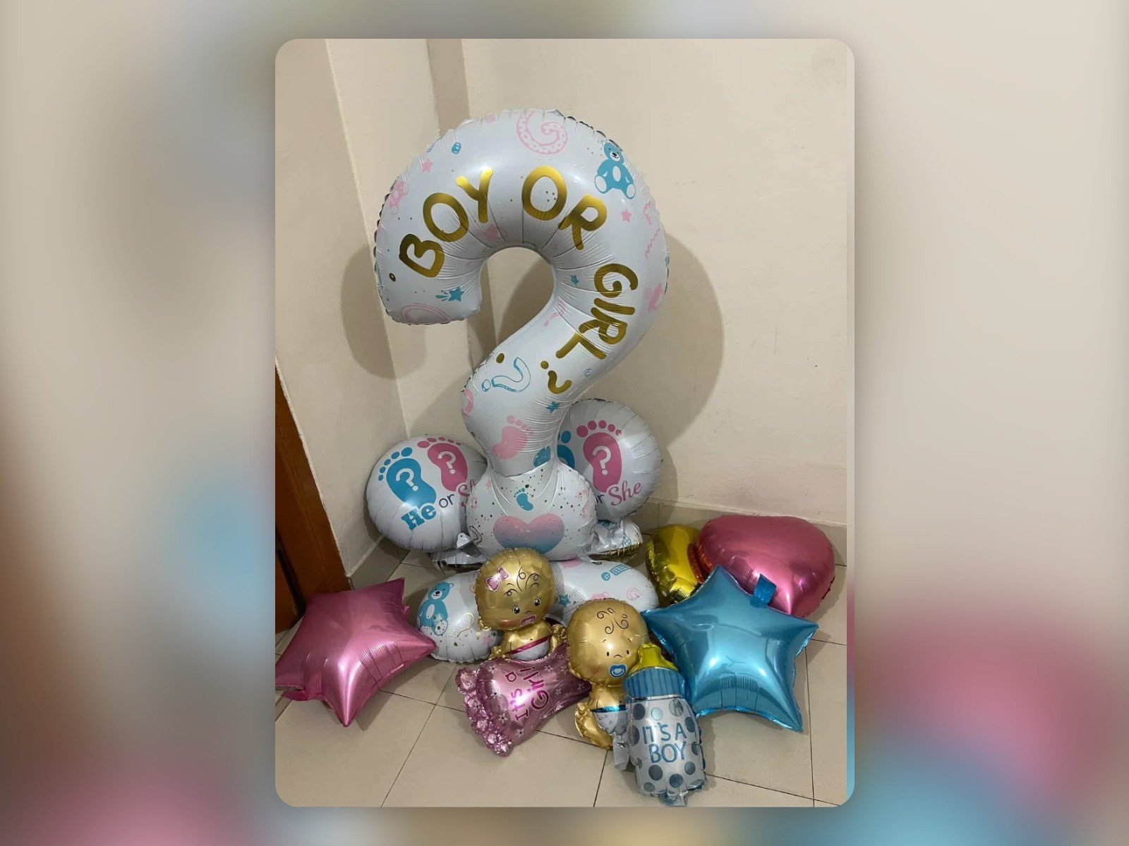 Boy or Girl question-mark foil balloon with blue and pink star, heart and baby balloons