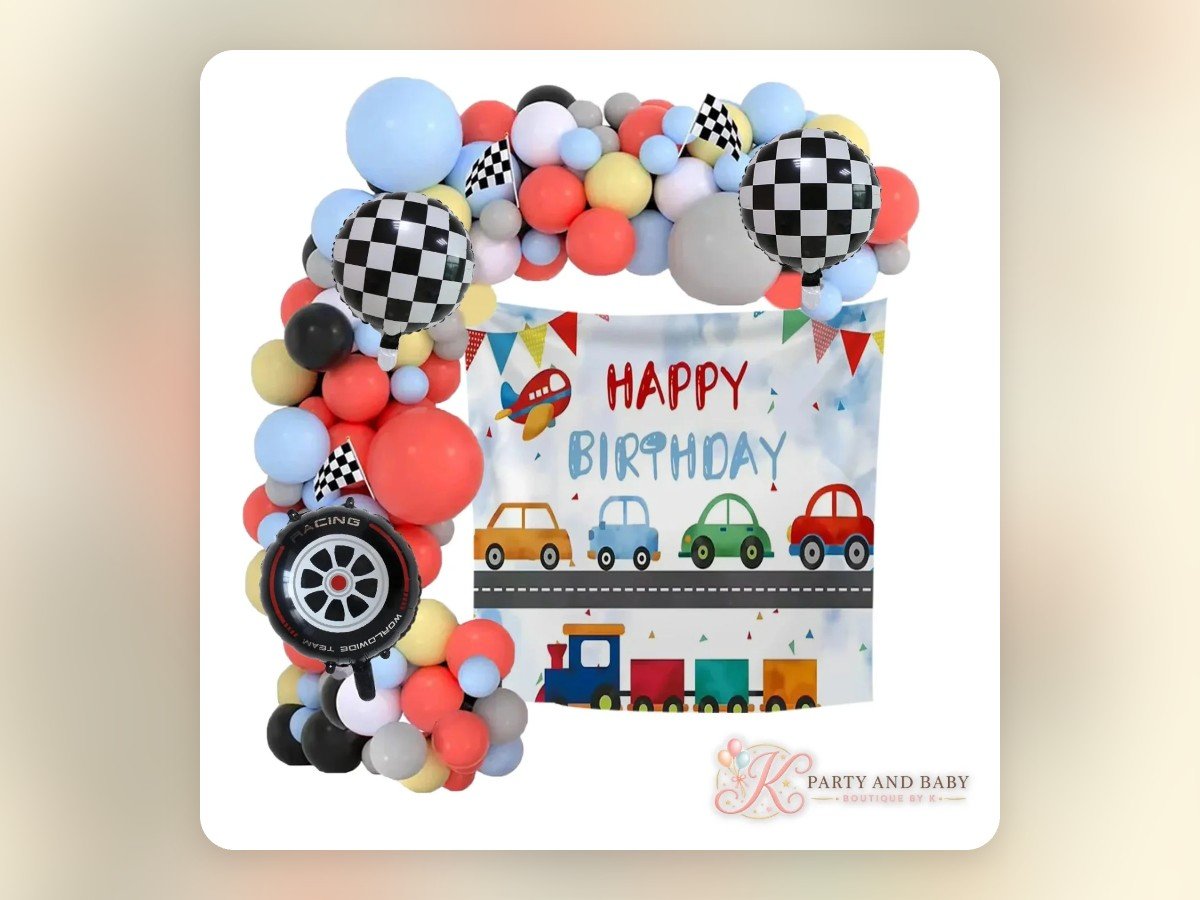 Soft pastel race car themed balloon garland with a Happy Birthday backdrop