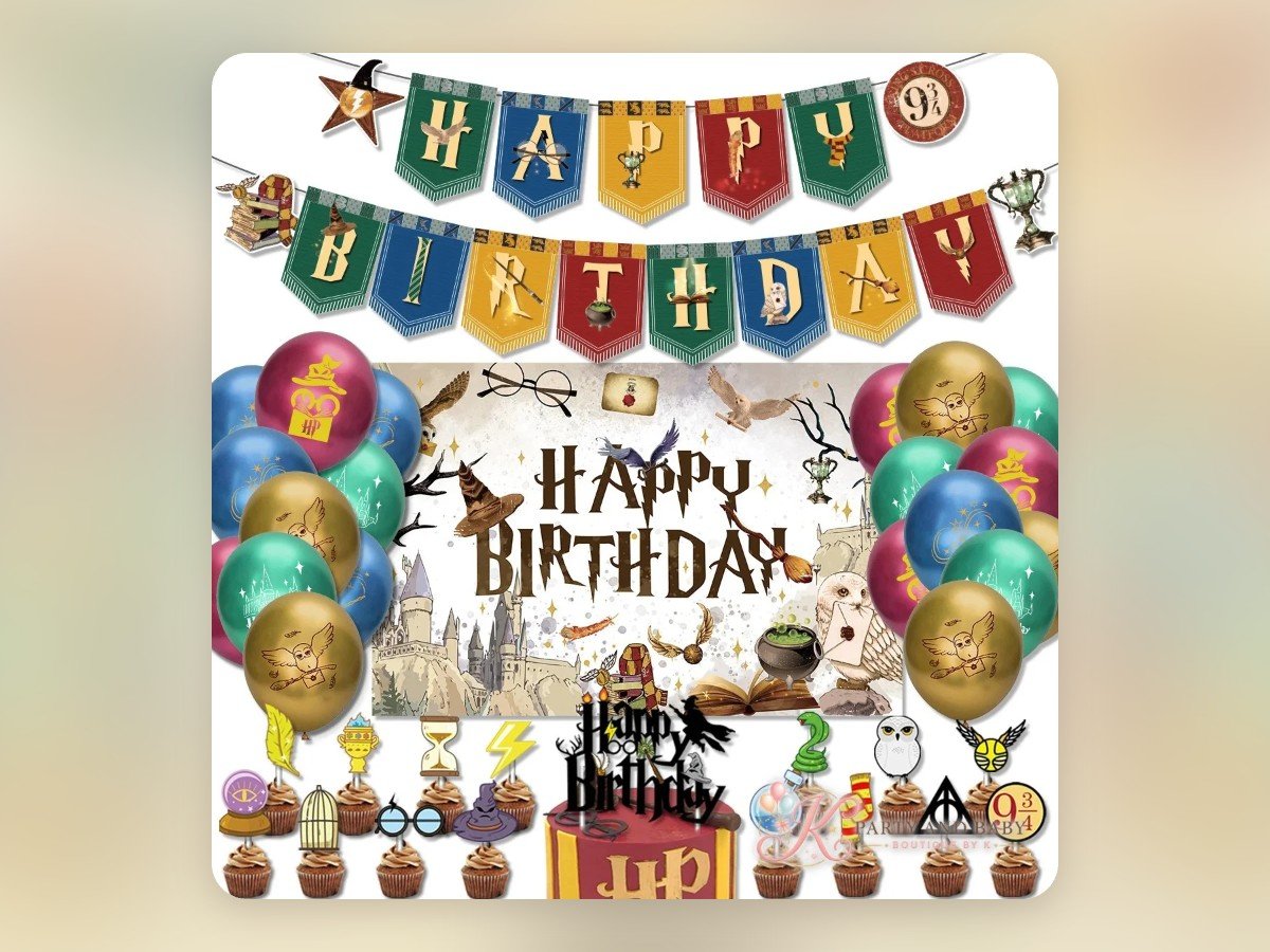 Wizard Academy themed party set with balloons, banner and cupcake toppers