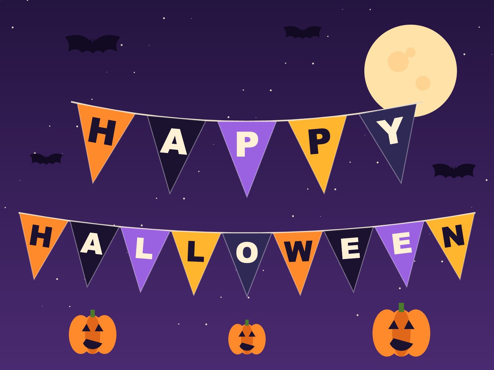 Illustration of orange, purple and black party flags spelling HAPPY HALLOWEEN with pumpkins and bats