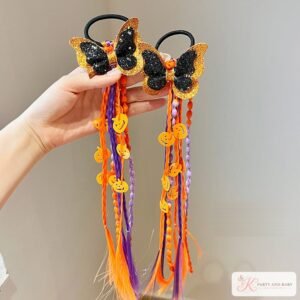 Halloween butterfly hair ties with orange and purple braids and pumpkin charms Halloween butterfly hair ties with orange and purple braids and pumpkin charms