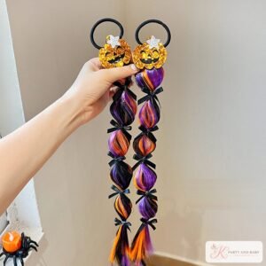 Halloween pumpkin sequin hair ties with purple, orange and black braids Halloween pumpkin sequin hair ties with purple, orange and black braids