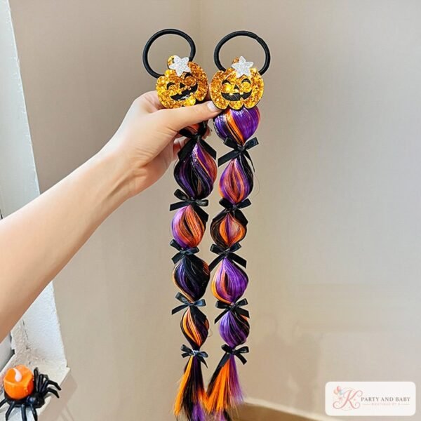 Halloween pumpkin sequin hair ties with purple, orange and black braids Halloween pumpkin sequin hair ties with purple, orange and black braids