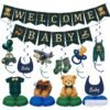 Welcome Baby teddy bear banner, swirls and honeycomb centrepieces in green and navy