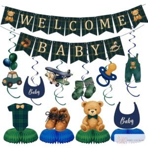 Welcome Baby teddy bear banner, swirls and honeycomb centrepieces in green and navy