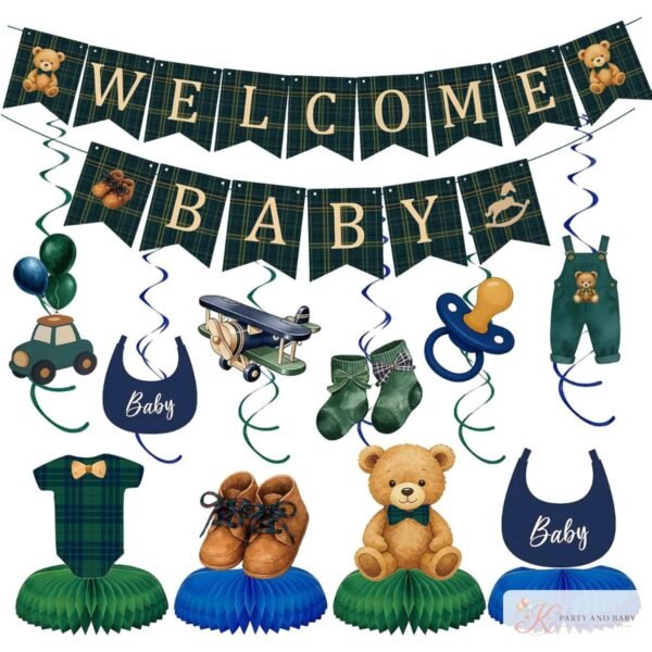 Welcome Baby teddy bear banner, swirls and honeycomb centrepieces in green and navy