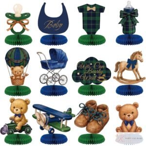 Teddy bear baby shower honeycomb centrepieces in green and navy plaid