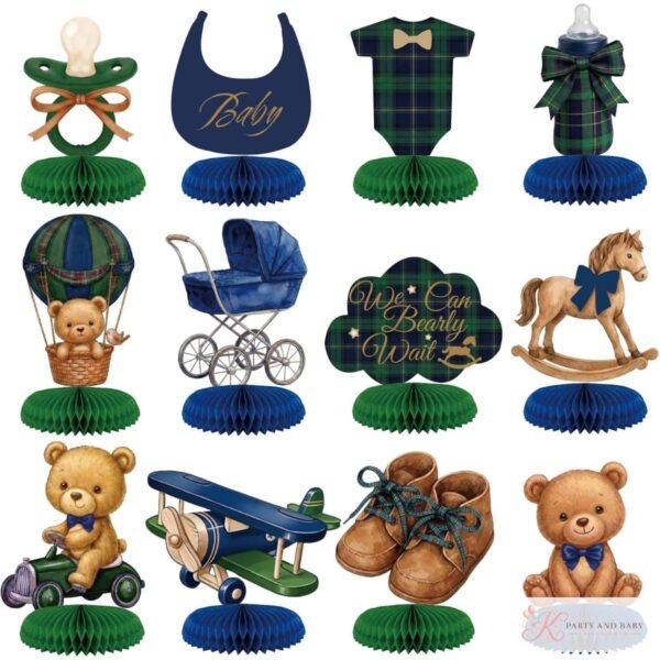 Teddy bear baby shower honeycomb centrepieces in green and navy plaid Teddy bear baby shower honeycomb centrepieces in green and navy plaid