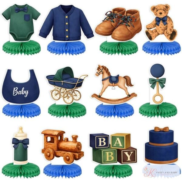 Teddy bear baby shower honeycomb centrepieces in navy and green Teddy bear baby shower honeycomb centrepieces in navy and green