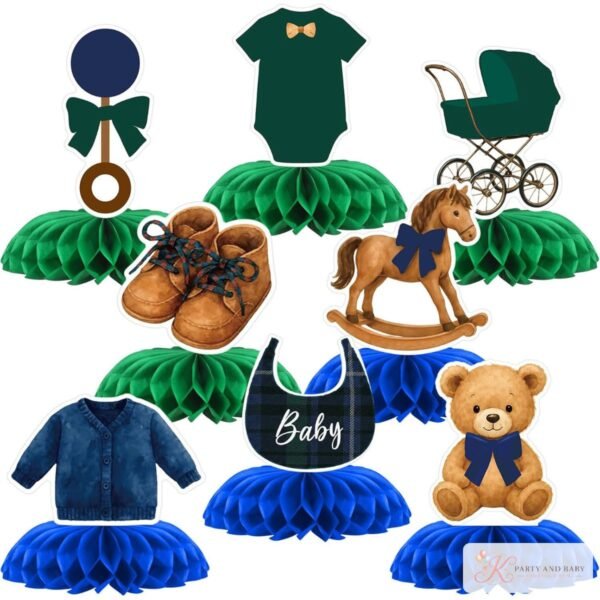 Teddy bear baby shower honeycomb centrepieces, rocking horse, shoes and bib Teddy bear baby shower honeycomb centrepieces, rocking horse, shoes and bib