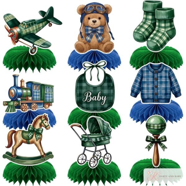Teddy bear baby shower honeycomb centrepieces with aeroplane, train and pram Teddy bear baby shower honeycomb centrepieces with aeroplane, train and pram