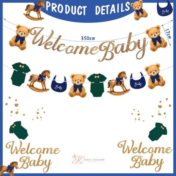 Welcome Baby glitter banner and teddy bear garland, 350 cm